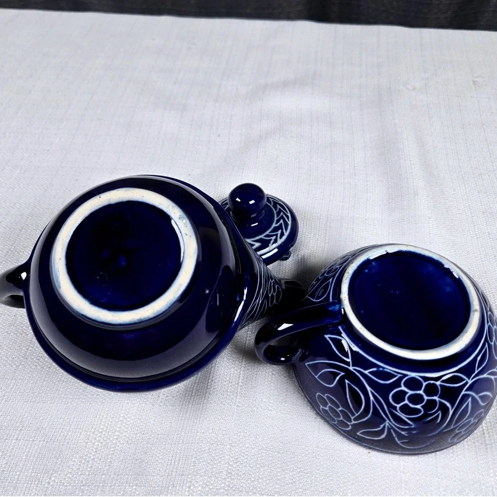 Nesting Teapot and Mug For One Single Serve Set Cobalt Blue White Etched Design